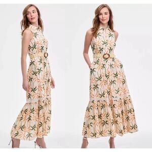 TAYLOR Palm Tree Maxi Pleated Sleeveless Dress